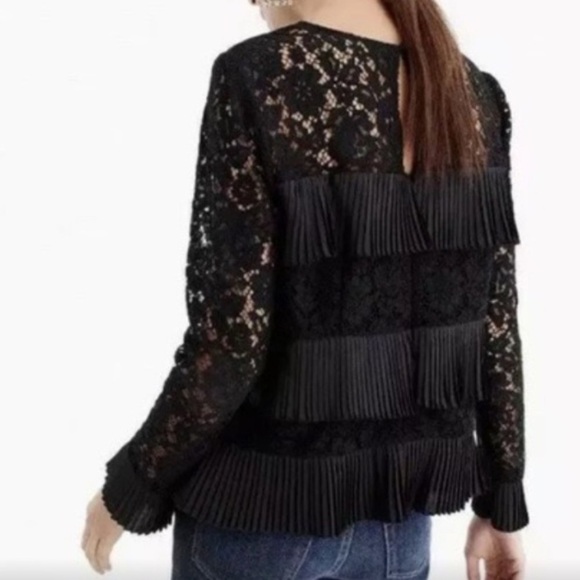 J. Crew | Black Lace Long Sleeve Ruffle Pleats Top Size 4 - Picture 8 of 8